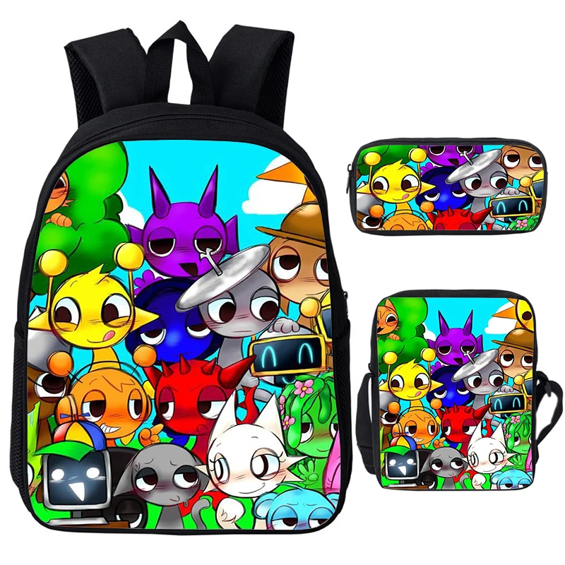 Mochila de náilon com sprunki incredibox jogo dos desenhos animados saco escolar 3 pçs conjunto estudantes grande capacidade bookbag crianças saco escolar para meninos
