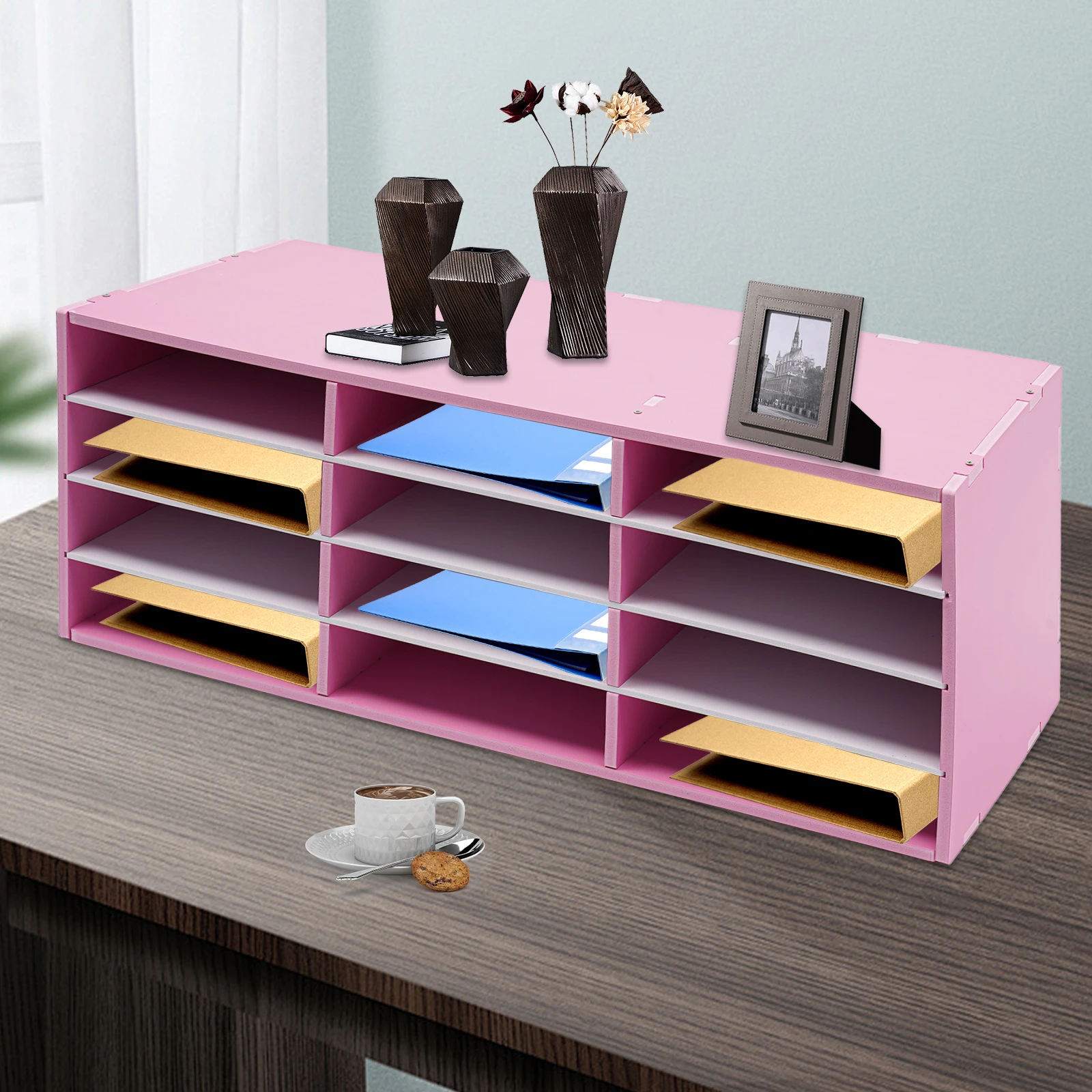 

Pink PVC 80*30.8*30cm 12-slot Desktop Filing Cabinet Multi-layer Classified Storage Rack Modern Minimalist Mail Sorting Box
