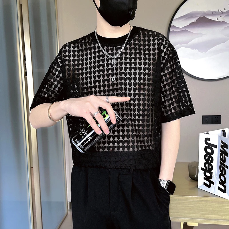 Men's Mesh T-shirts Sexy See Through Thin Tops Hollow Through Breathable Top Hip Hop Fishnet Top Solid Color Round Neck