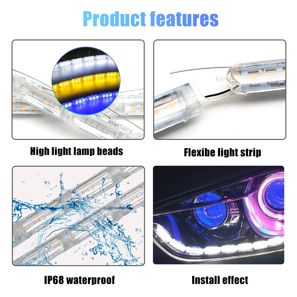 MIHAZ  2Pcs  LED  Daytime  Running  Light  3Colors  Flexible  Streamer  Turn  Signal  Strip  Start-scan  DRL  Car  Headlight 12V