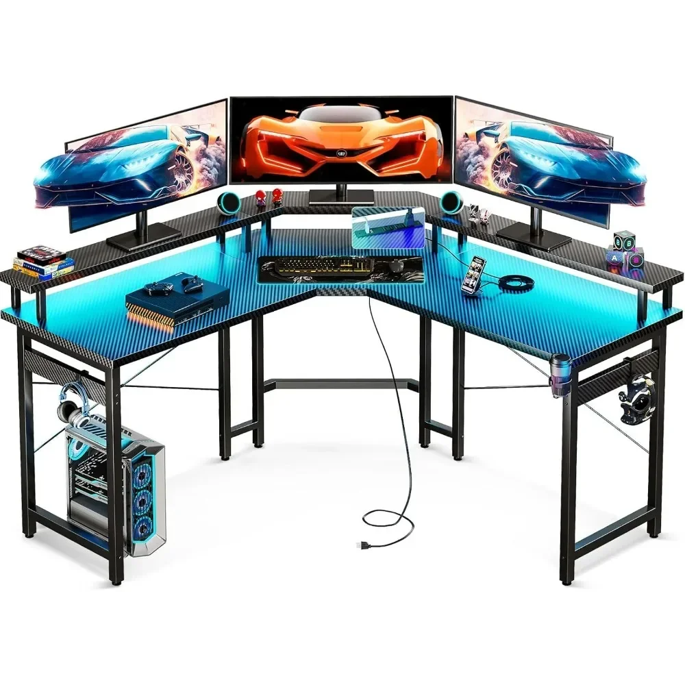 

L Shaped Gaming Desk with LED Lights & Power Outlets, 51" Computer Desk with Full Monitor Stand,