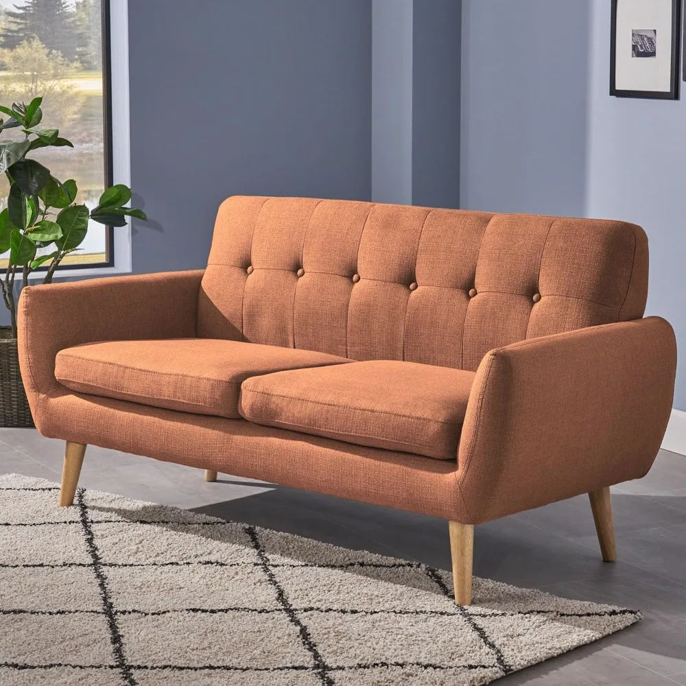 Josephine Mid-Century Modern Petite Fabric Sofa, Burnt Orange / Natural