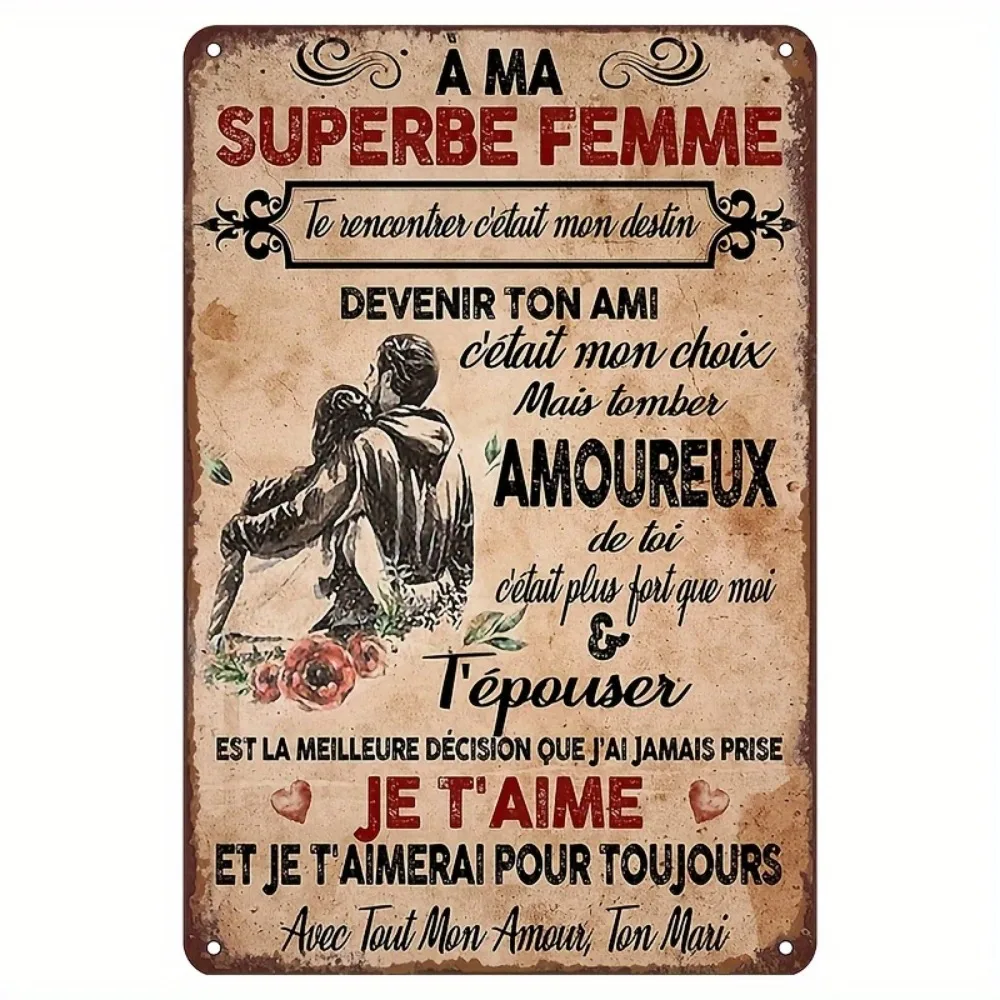 Decoración de pared de metal con letras de amor francesas retro con frases románticas, arte de pared de hierro para el hogar, boda, regalo de San Valentín (8 "x 12")