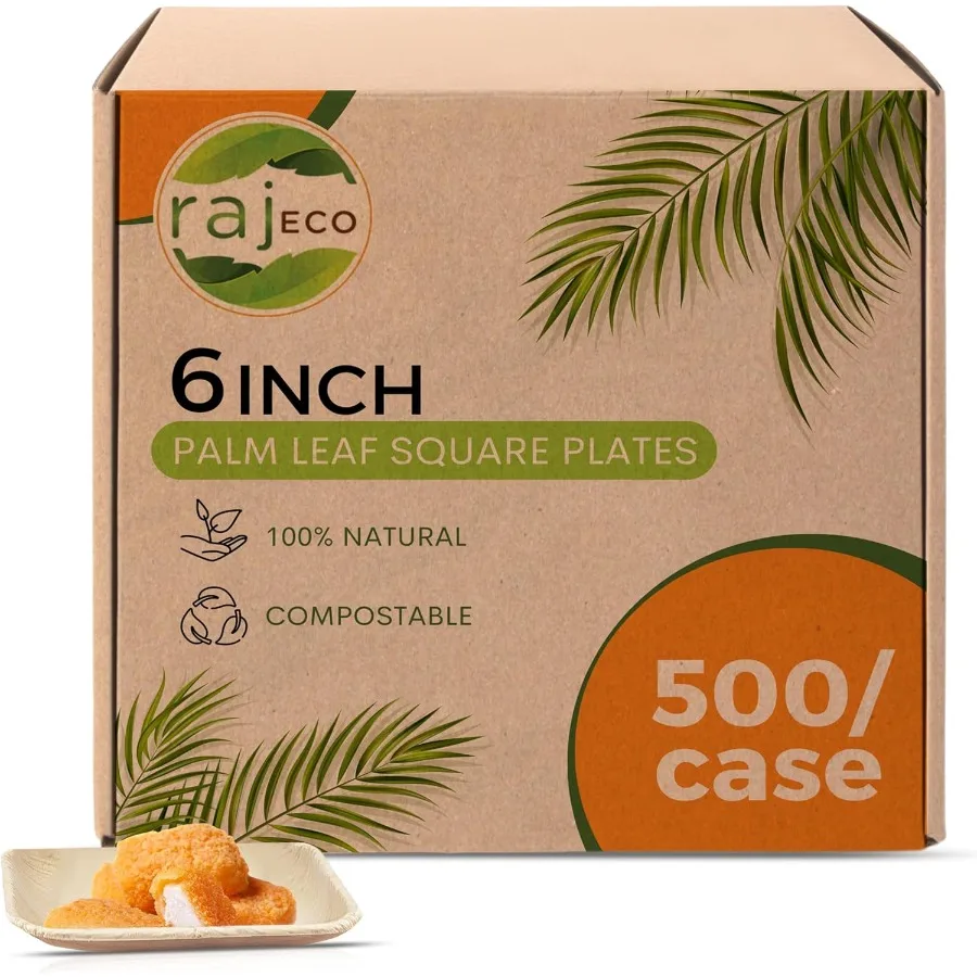 

Palm Leaf Bulk Plates [100-Pack] 6" Square Plates (5 CASES - 500 PACK) like Bamboo plates Disposable, Strong, Decorative Compost