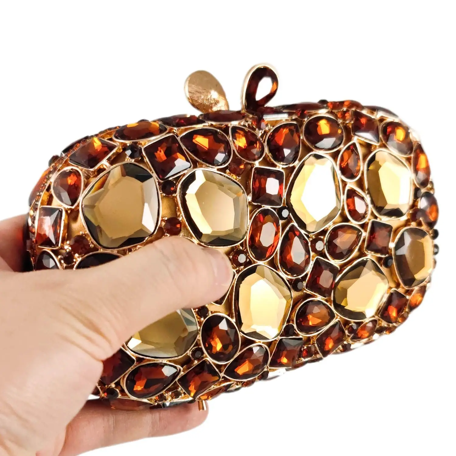 Boutique De FGG Gemstone Women Brown Crystal Clutch Purse Formal Evening Handbags Wedding Party Rhinestone Clutch Minaudiere Bag