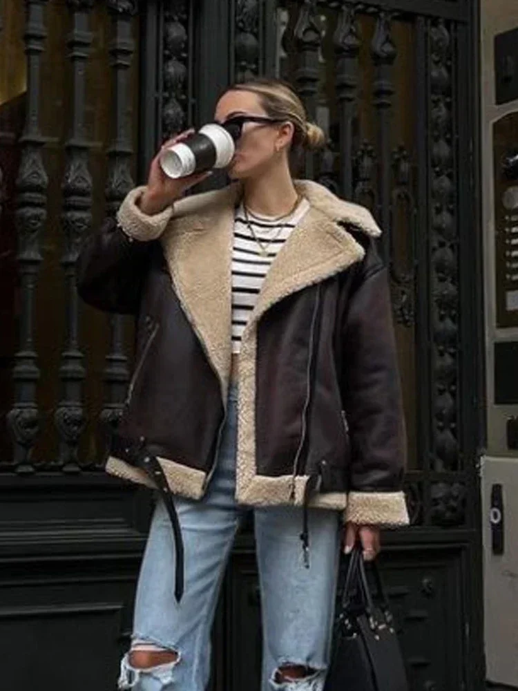 Suninheart Fashion Winter Warm Faux Fur Jacket Women Long Sleeve Moto Biker Zipper Jackets Coat Female Autumn Casual Lapel coat