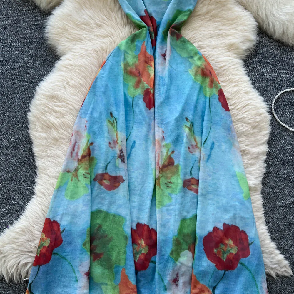 Chic vintage print mesh backless Ruched Elegant dress Fairy korean fashion Boho Sundress women clothing