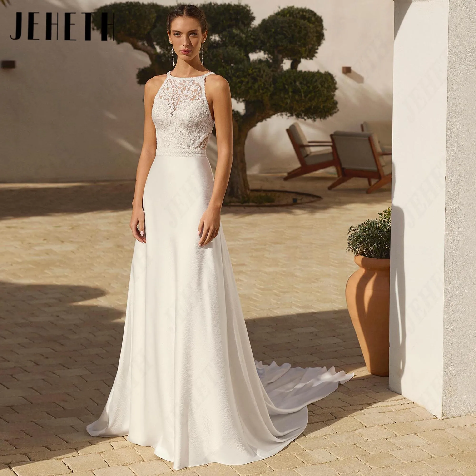 JEHETH Halter A‑line Sleeveless Wedding Dresses Lace Appliques Exquisite Customized Bride Gown Court Train Satin Bridal Gowns
