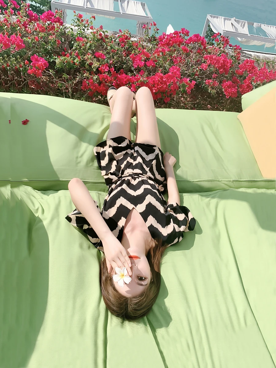 

Bla Piece Pants for Women Summer Wave Stripe Print Chiffon V Ne Flared Sve a Line Waist Simple Faion orts