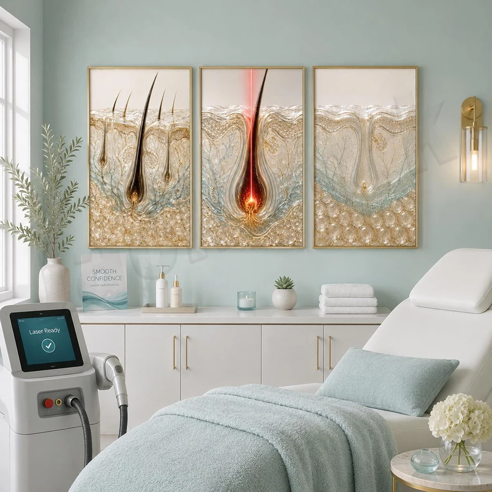 Laser hair removal art, scalp care, microneedling therapy printmaking, skin care, skin regeneration, medical aesthetics posters