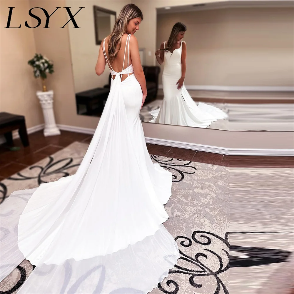 LSYX-Robe de Mariée Sirène en Crêpe pour Femme, Bretelles Spaghetti Simples, Train Court, Dos Ouvert, Patients, Sur Mesure, 2023