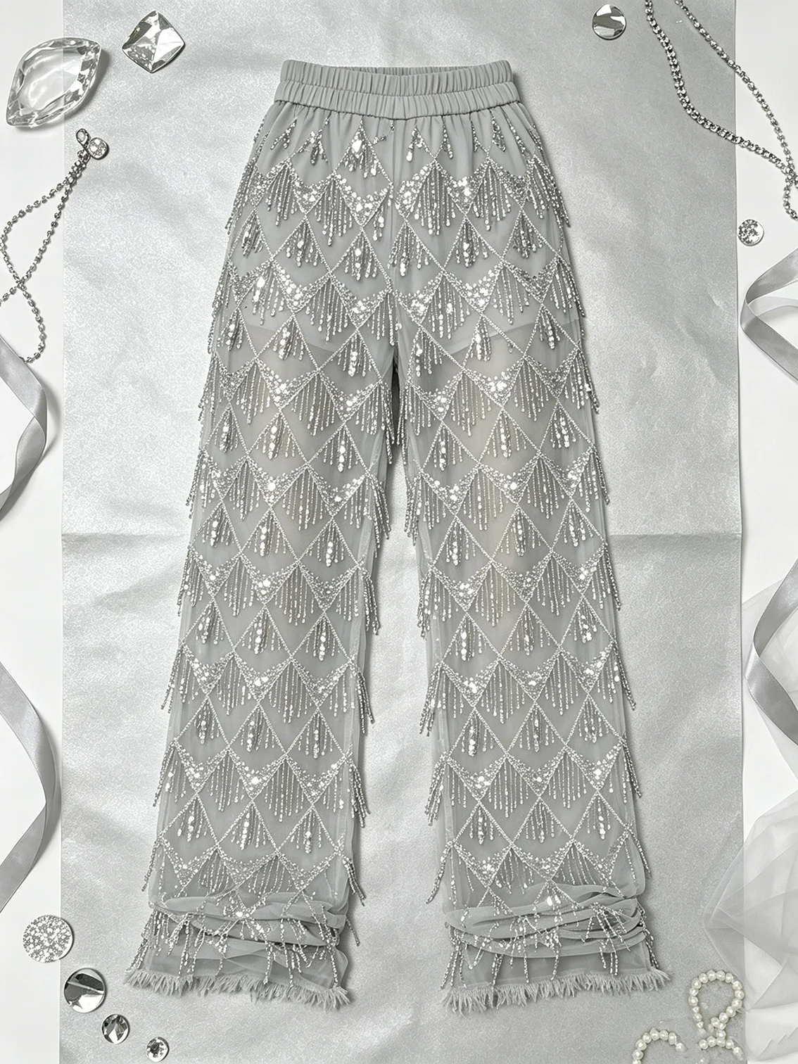 Women's Floor-Length See-Through Casual Shorts Sequins Tassels Elastic Waist Transparent Pants Sexy Evening Wear