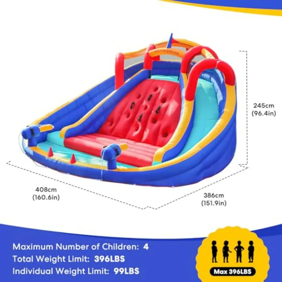 Backyard inflatable water slide bouncer for kids: PVC material, blue and yellow, double water cannon, climbing wall, splash zon
