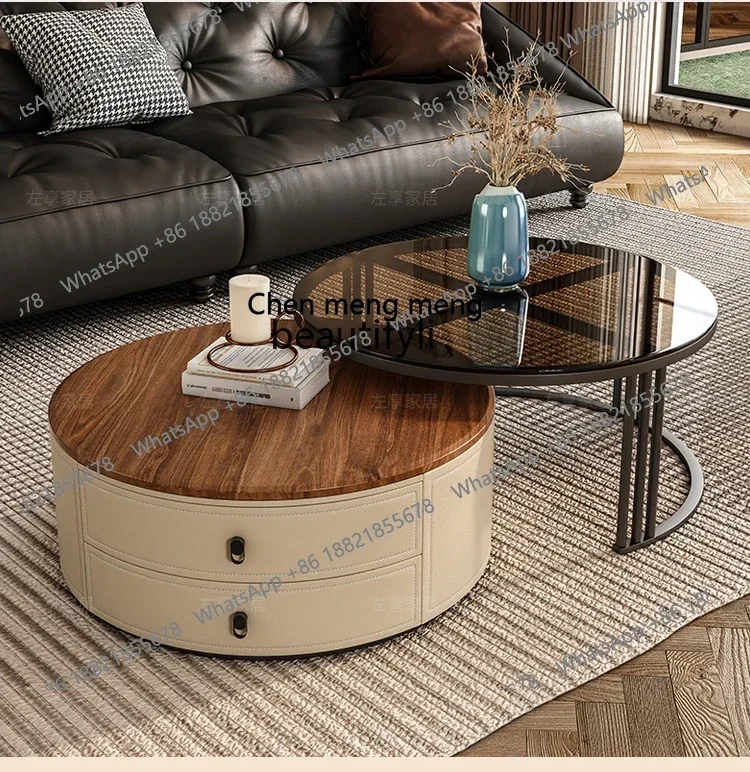 X C غرفة المعيشة الفرنسية المنزل الزجاج السرج الجلود حجم طاولة القهوة المستديرة مزيج #1