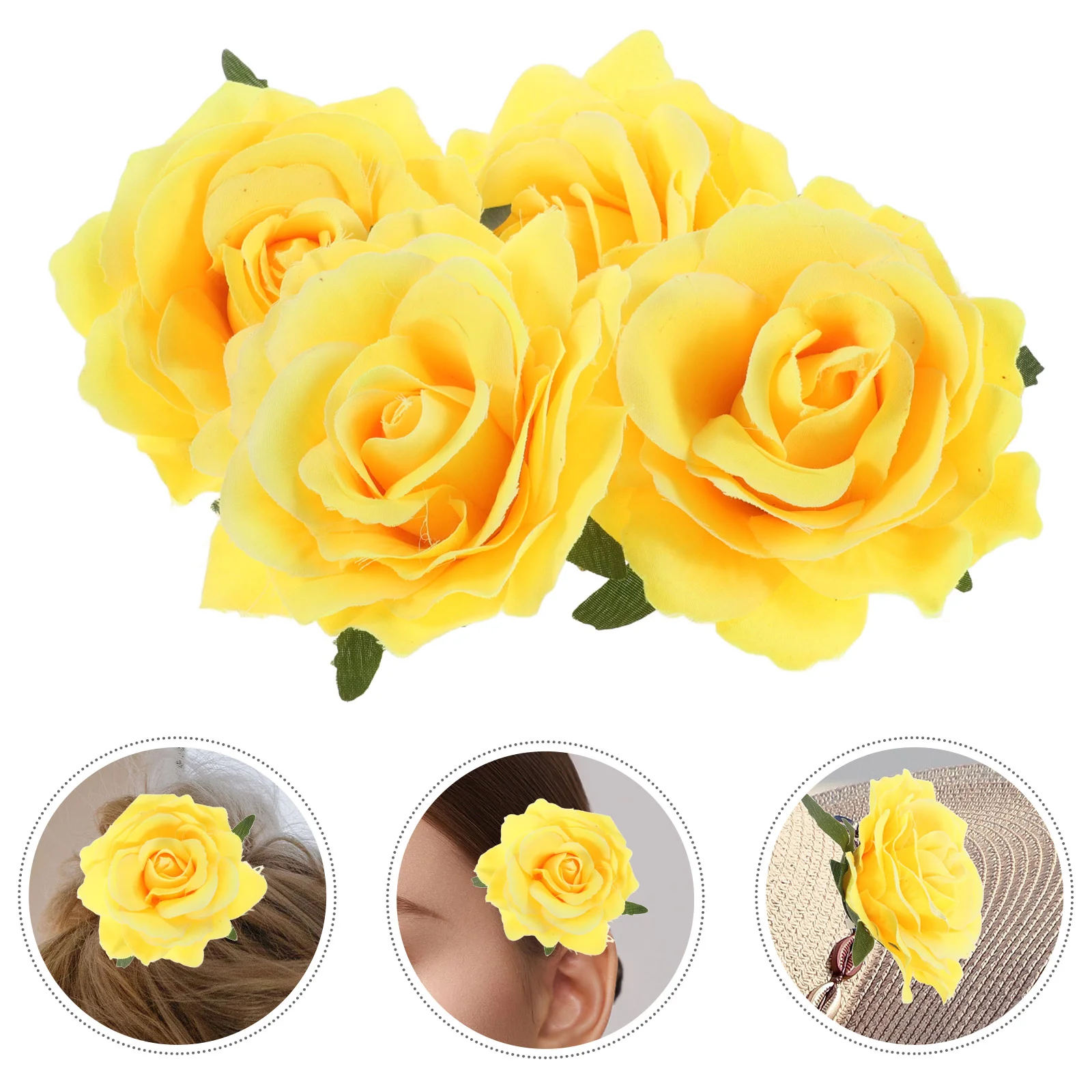 

4 Pcs Flower Wedding Hair Accessories Cloth Brooch Rose Clip Yellow Hairpin Bride