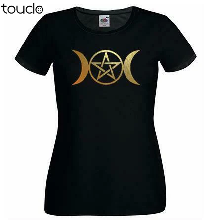 Ladies Black Triple Moon Goddess T-Shirt Shirt Pagan Pentacle Wicca Gold Green T Shirt Fashion Tshirt Summer New Popular Tshirt