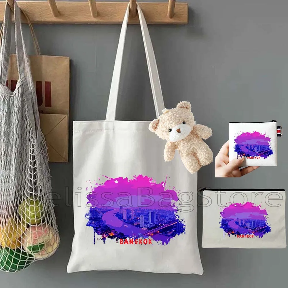 

4PCS Gifts Set Bangkok Thailand White Canvas Tote Bag Handbag with Doll Key Coin Purse Cosmetic Makeup Toilet Bag Case Pouch