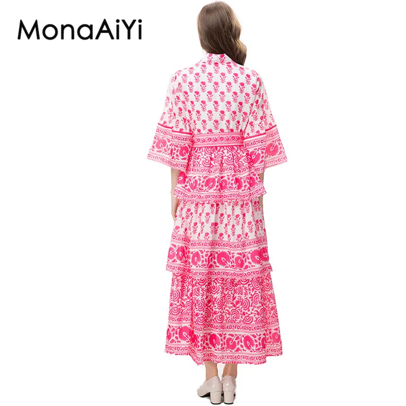 MonaAiYi New Fashion Designer Women's High Collar Pagoda Sleeve Sleeve Detachable Waistband Long Printing Dress