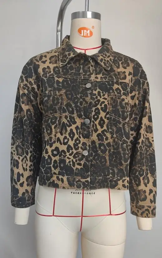 

Women's New Washed Fashion Leopard Print Denim Jacket Personalized Street Style Female Casual Long Sleeve Denim Coat