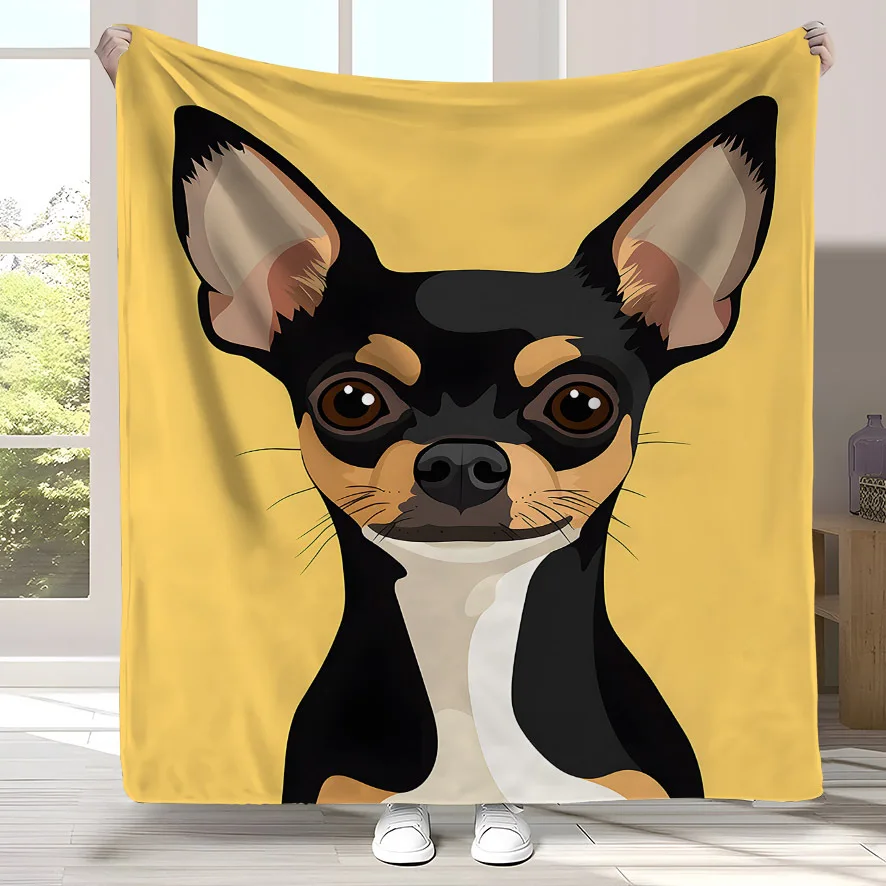 Chihuahua Dog Flannel Fleece Throw Blanket - Soft Polyester All-Season Bedspread, Black & Tan Chihuahua Puppy with Brown Ears