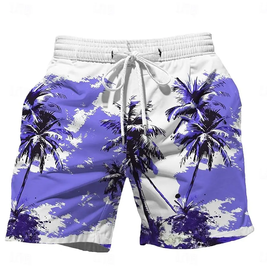 2024 Summer Oversized Casual Men\'s Drawstring Shorts Quick Dry Hawaii Holiday Sports Swimming Trunks Coconut Tree Printed Shorts