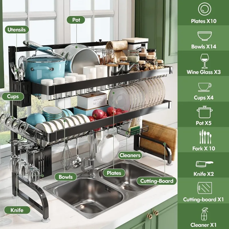 Over The Sink Dish Drying Rack,  Expandable Over The Shelf Storage Organization (Black - 25.5