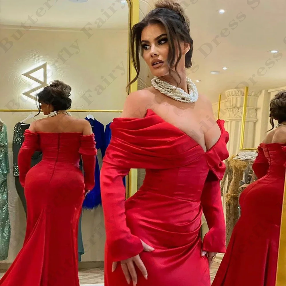 Sexy Backless Evening Dresses Fashion Beautiful Satin Vintage Off Shoulder Long Sleeved High Slit Mopping Party New Prom Gowns