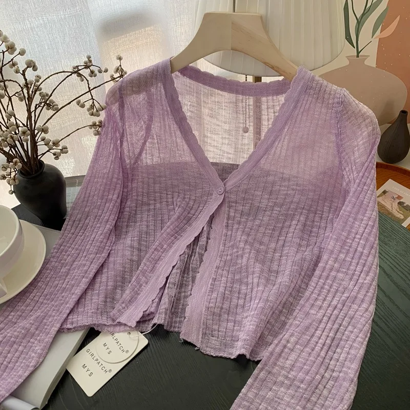 One-button Knitted Thin Sweater Cardigan Women Long Sleeve V-neck Sueter Mujer Summer Vintage Sweet See Through Cropped Jackets