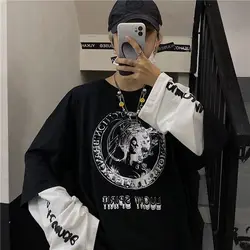 Men's Fake Two Pieces Printing Patchwork Loose Tops Spring Autumn Hip Hop All-match Youth T Shirts Casual Fashion Men Clothing