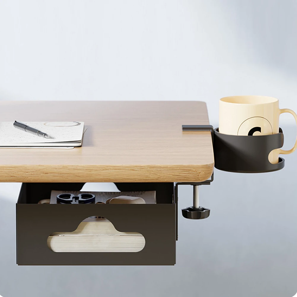 Under Desk Cable Management with Cup Holder Steel Cable Tray Under Desk Organizers No Drill 360° Hidden Storage Box for Office