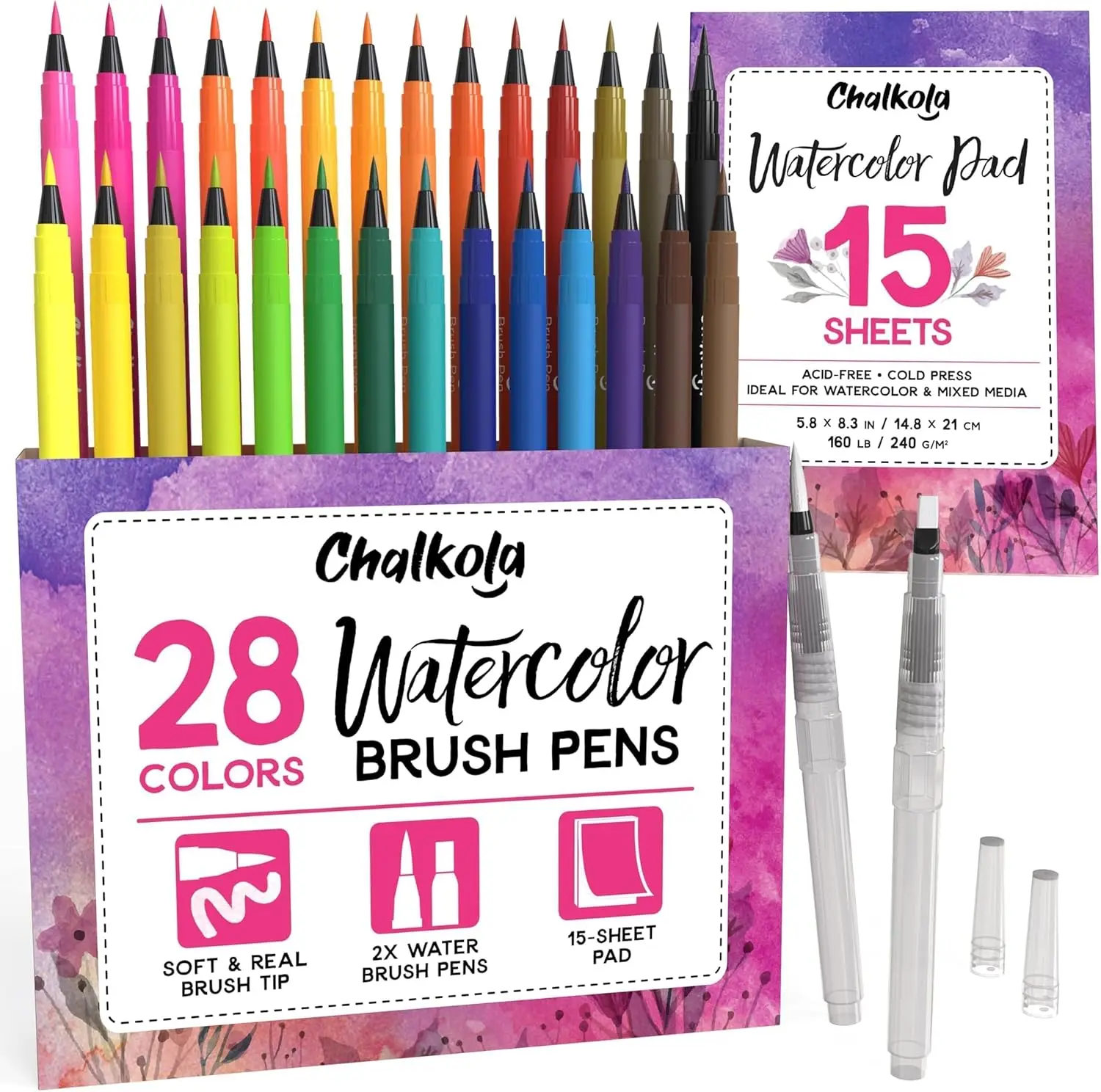 

Watercolor Brush Pens Set - 28 Colors with Pad & Blending Markers