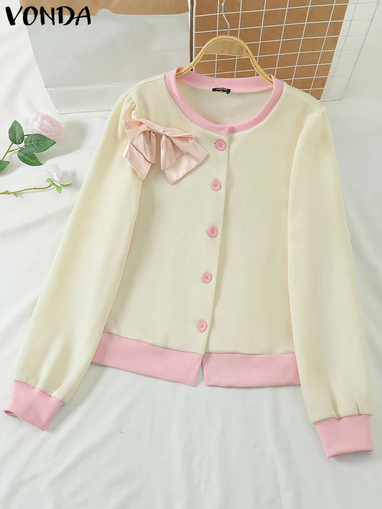 VONDA CasualหลวมOคอเสื้อผู้หญิงเสื้อแขนยาวElegant Splicing Bow Tie Tops 2025 Bohemian Blusasขนาดใหญ่