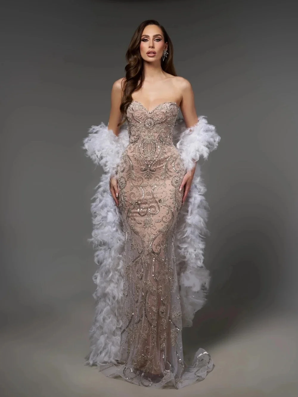 Gorgeous Strapless Wedding Dresses Sequins Beading Mermaid Bridal Gowns Crystal Shawl Feather Customized Vestidos De Novia