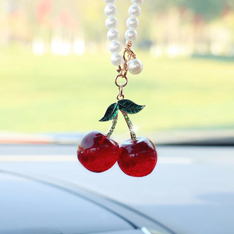 Fashionable Cherry Car Interior Ornaments, Creative and Delicate Pearl Fruit Pendants, Accessories, Car Rearview Mirrors