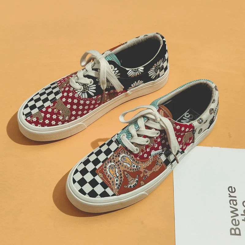 Sneakers Women's Canvas Plaid Mixed Colors Casual Shoes Flat Couple Casual Sneakers Low-cut Men and Woman Shoes Tennis Female