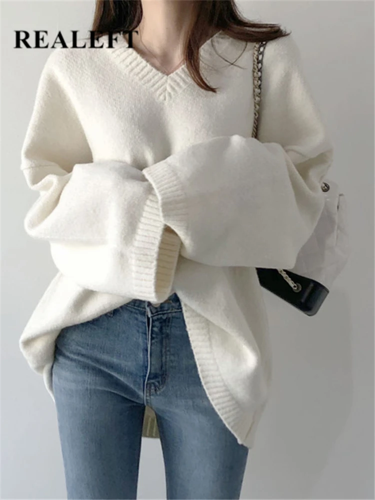 

REALEFT Autumn Winter V-Neck Loose Women's Sweaters Casual Knitted Pullovers Sweaters Solid Korean Female 2023 New