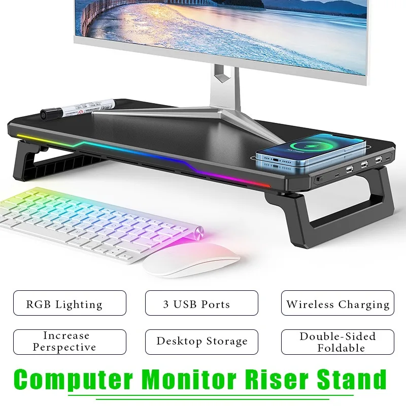 

Wireless Charging Computer Riser Stand RGB Light Monitor Stand Multi-functional Foldable Desktop Organizer with Storage Base