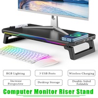 Wireless Charging Computer Riser Stand RGB Light Monitor Stand Multi-functional Foldable Desktop Organizer with Storage Base