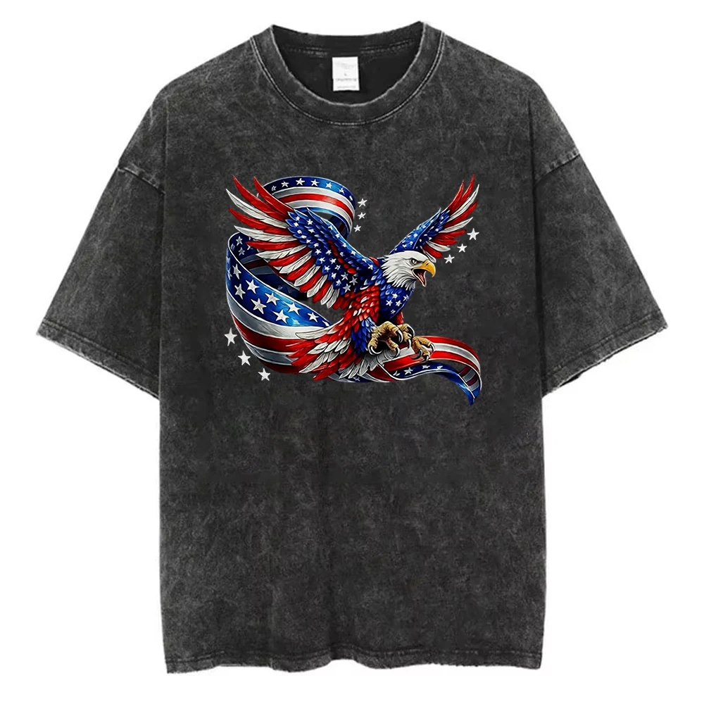 American Eagle Flag Patriotic T Shirt Loose Fit Cotton Vintage Wash Short Sleeve Tops Stylish Casual Tee for Men Women