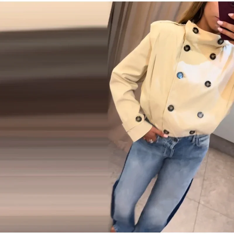 Kurzer Doppelreihiger Trenchcoat für Damen mit hohem Stehkragen, Windbreaker-Jacke, Epauletten, lockeren Ärmeln und Manschettenriemen, kurze Oberbekleidung – Detail 1
