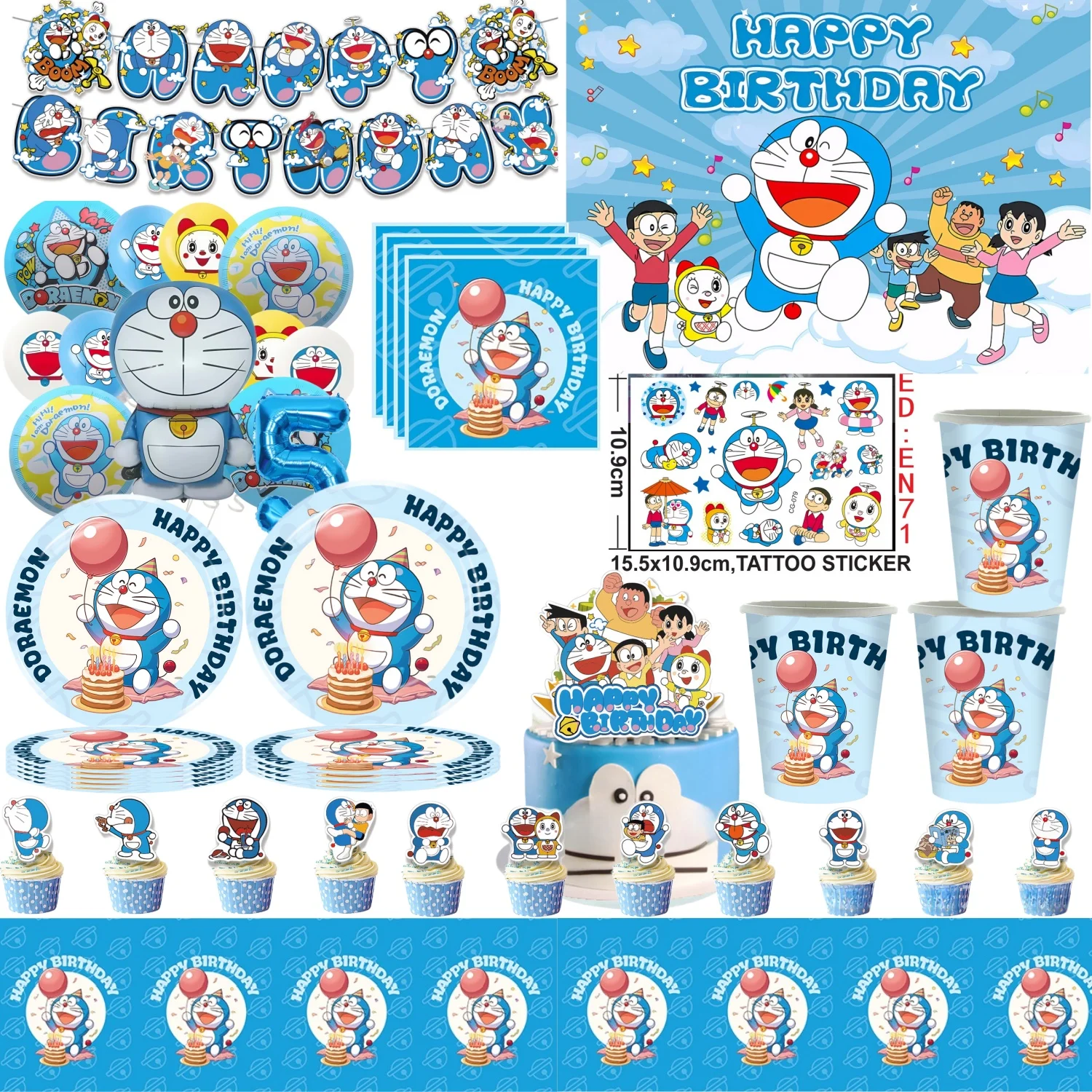 

Doraemon Birthday Party Decor Tableware Doraemon Birthday Disposable Tablecloth Plate Cup Baby Shower Kids Party Favors Supplies