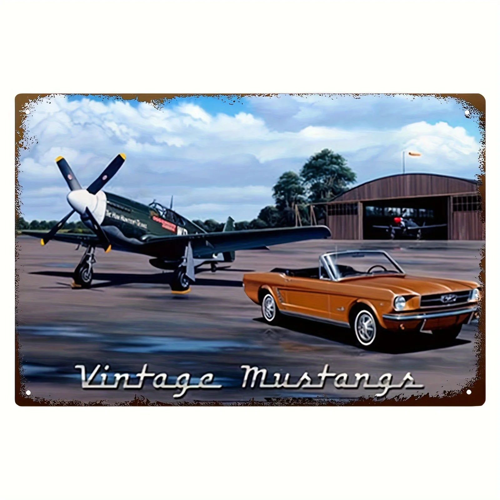 Vintage Fighter Plane & Convertible Car Metal Sign - Retro Wall Art Decor with Nostalgic Text, es, Iron Material, Single Pack -