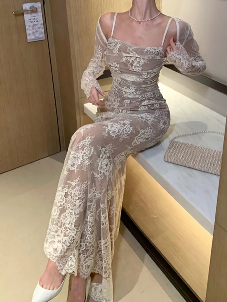 Summer Fashion New Women Elegant Lace Midi Dress Vintage Chic Bodycon Slim Party Birthday Vestidos Female Bandage Long Robe