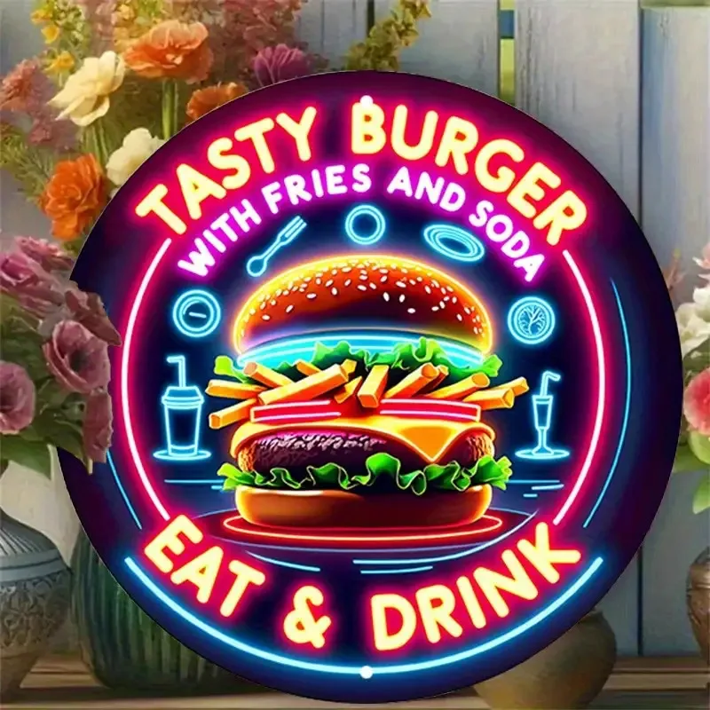 [2D Flat] 1pc Retro Neon Glow-in-the-Dark Style Round Metal Tin Sign - Vintage Diner Burger with Fries & Soda Wall Art, Vibrant