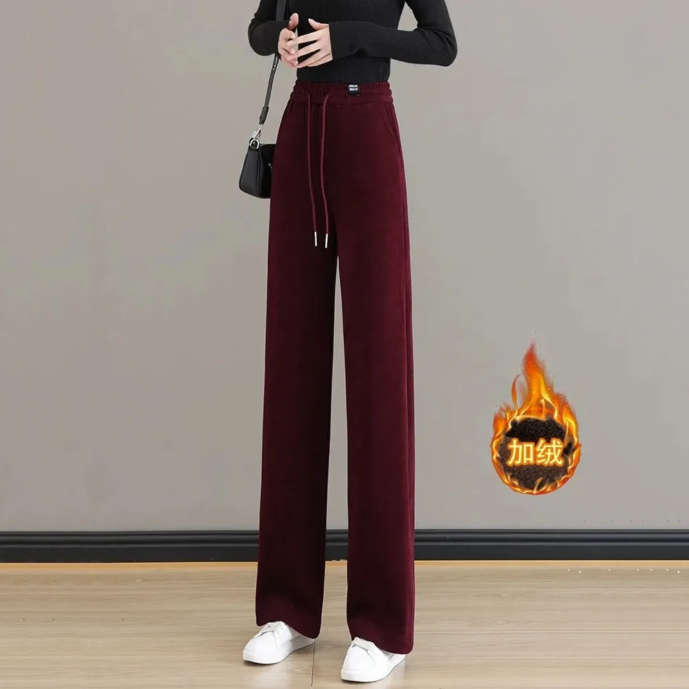 Womens Plush Thicken Sweatpant 2024 Winter Drawstring Waist Straight Loose Wide-leg Trousers Comfort Soft Casual Pants