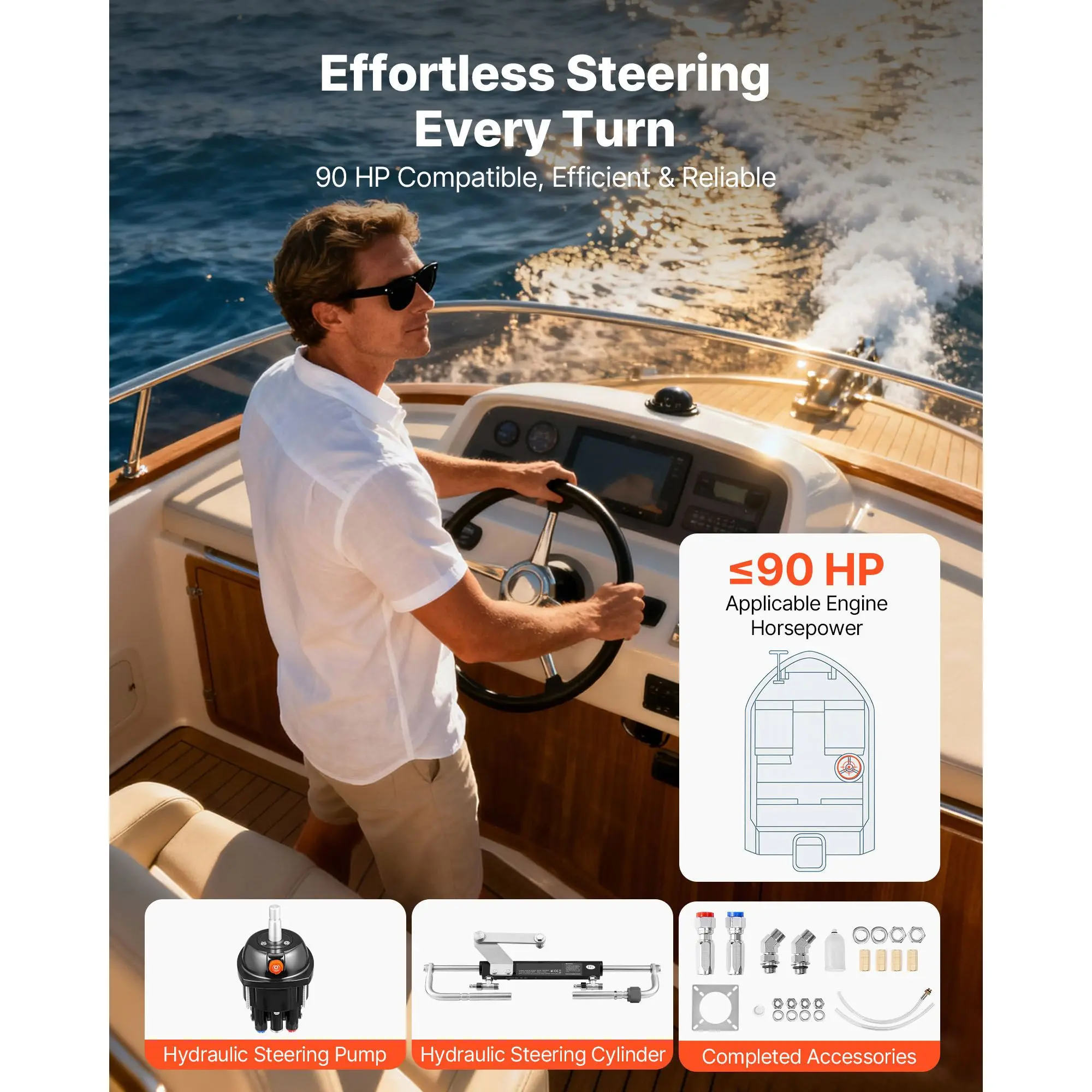Hydraulic Steering Kit, 90 HP, Hydraulic Steering Helm Pump & Cylinder, with 6.9 MPa/1000 psi Max Working Pressure, Aluminum Alloy Housing, Check Valve, for Outboards Fishing Boats Sailboats