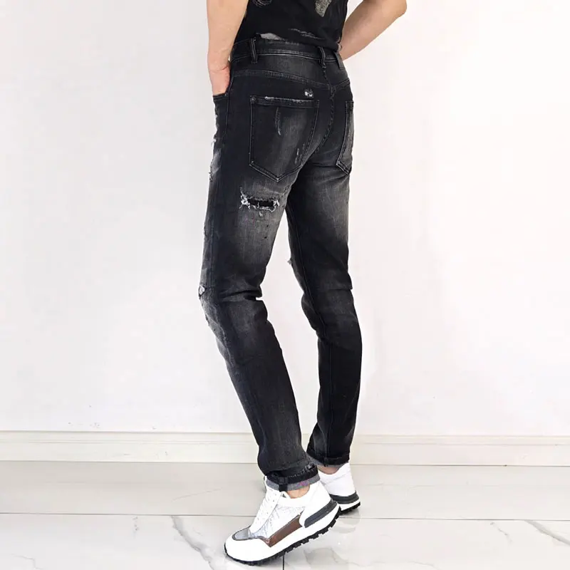 Men's Y2K Street Fashion Retro Elastic Slim Fit Corrugated Jeans Patchwork Hip-Hop Designer Brand