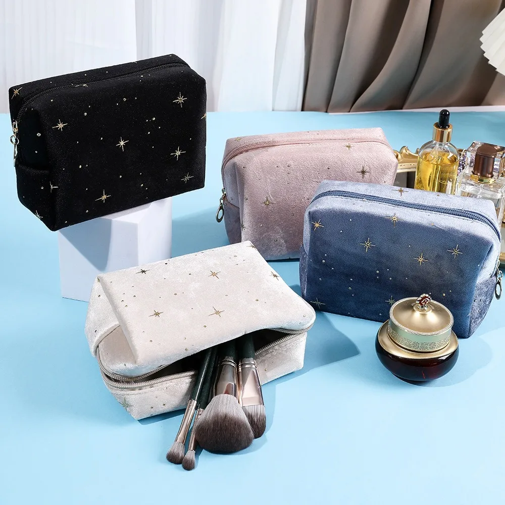 New Fashion Portable Cosmetic Bag Hot stamping star pattern Soft Velvet Women Toiletry Bag with Zipper Make Up Storage Bag