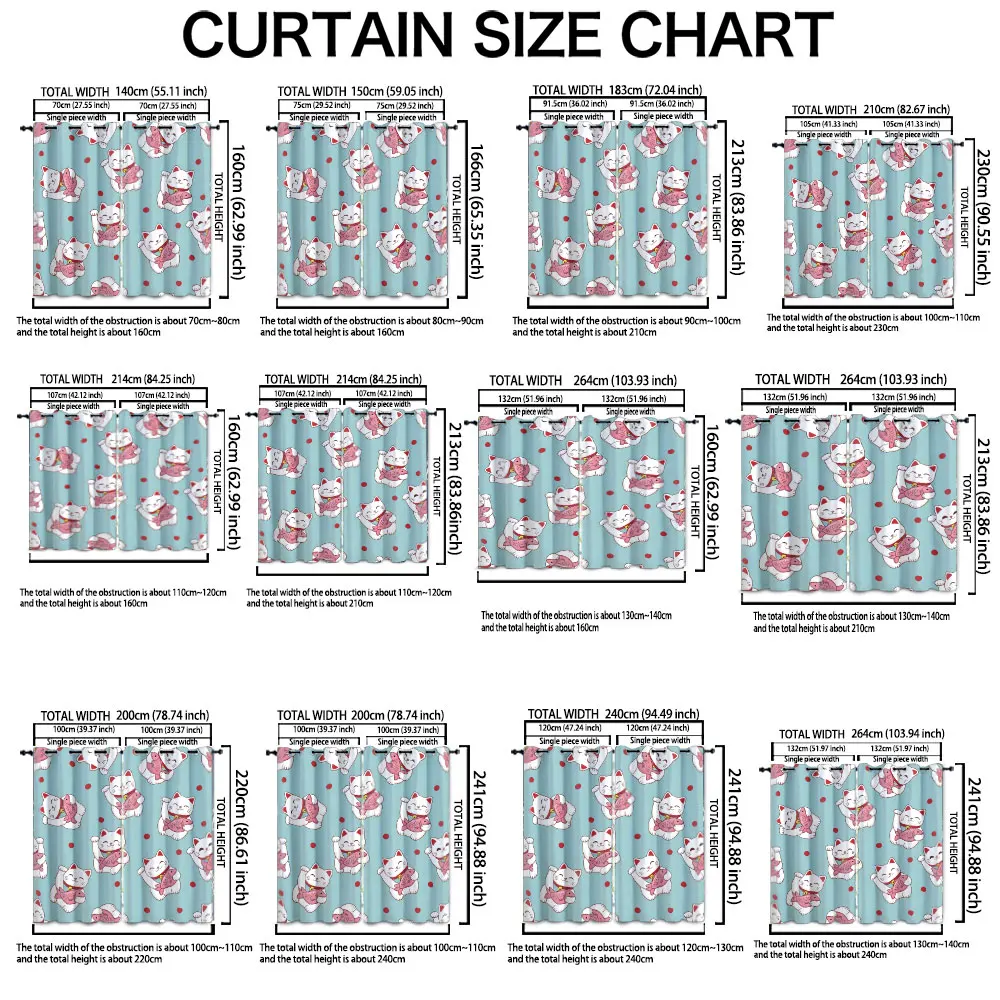 2pcs 90g brushed fabric curtains with a lucky cat holding a fish and polka dot pattern, perfect for home decoration