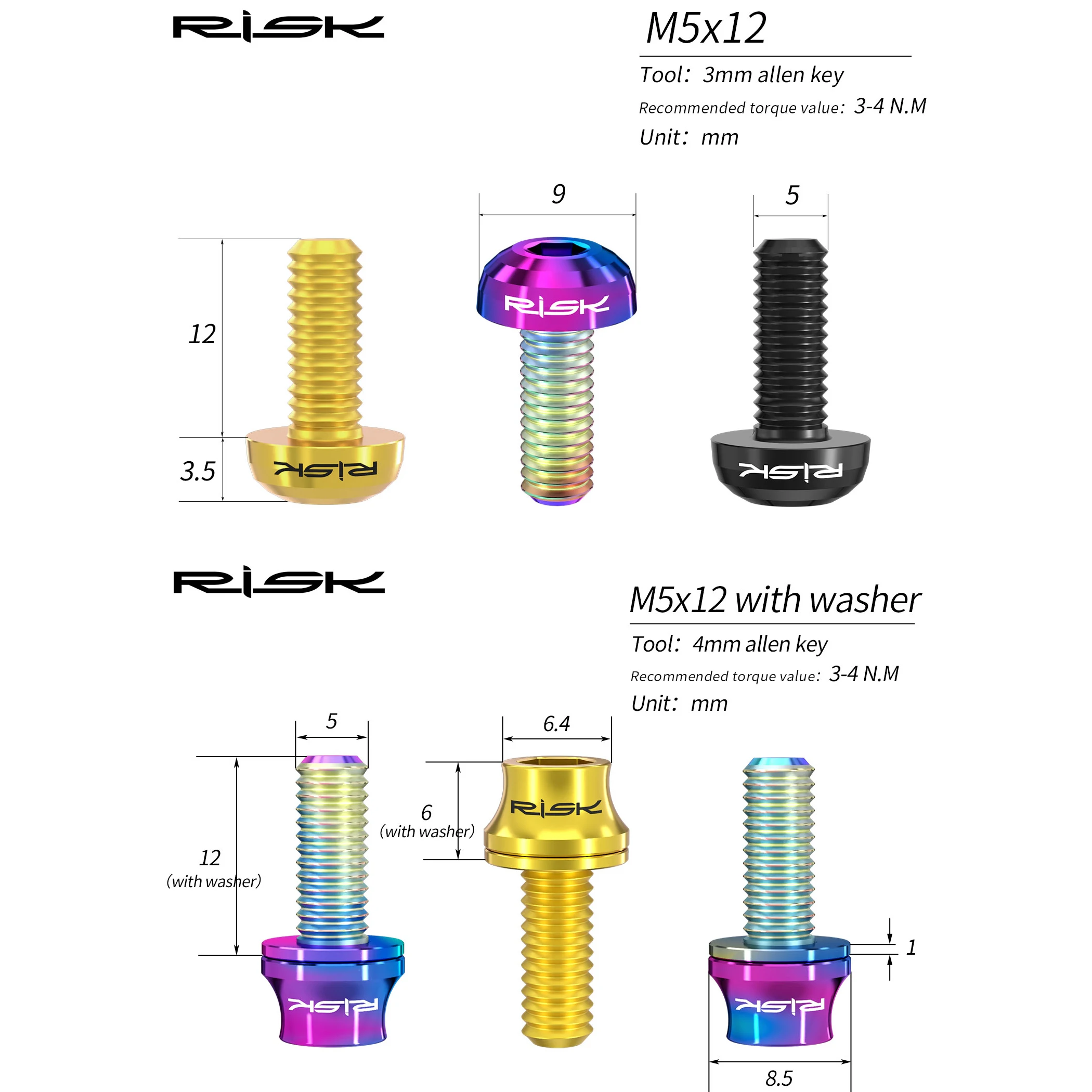 2pcs RISK Bike Water Bottle Cage Bolt Screw M5x12 mm Titanium Hex Torx Head for Road Mountain Bicycle Air Pump Holder Bracket